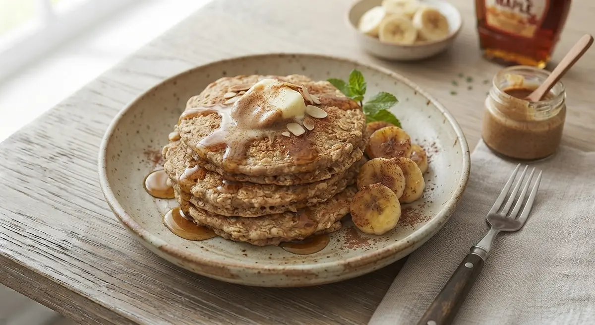 Giant Oat Banana Almond Butter Maple Pancakes